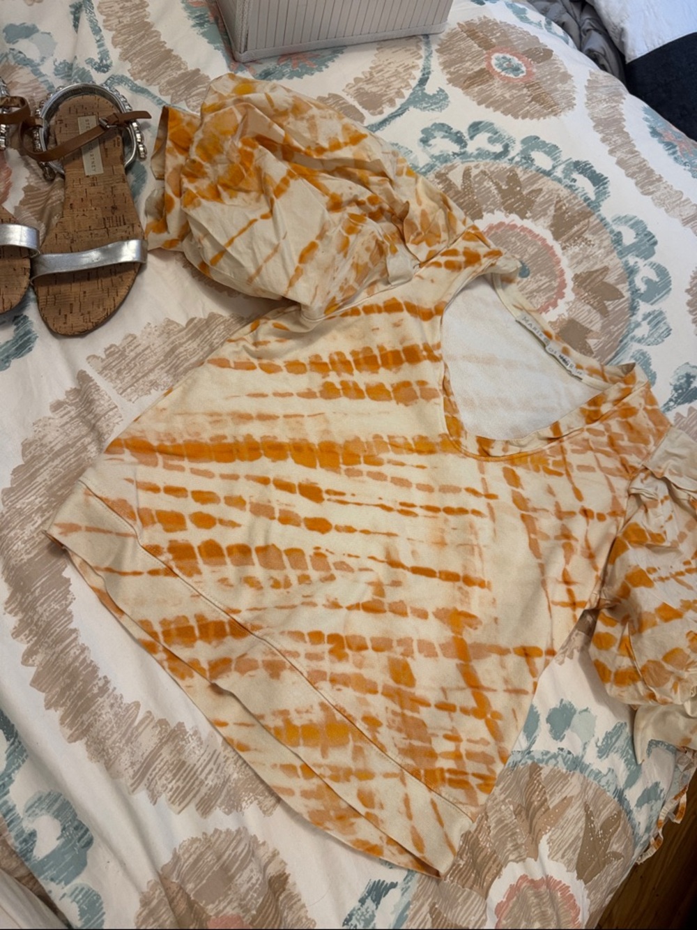 Marie Oliver Cream and Orange Tie-Dye Puff Sleeve Top